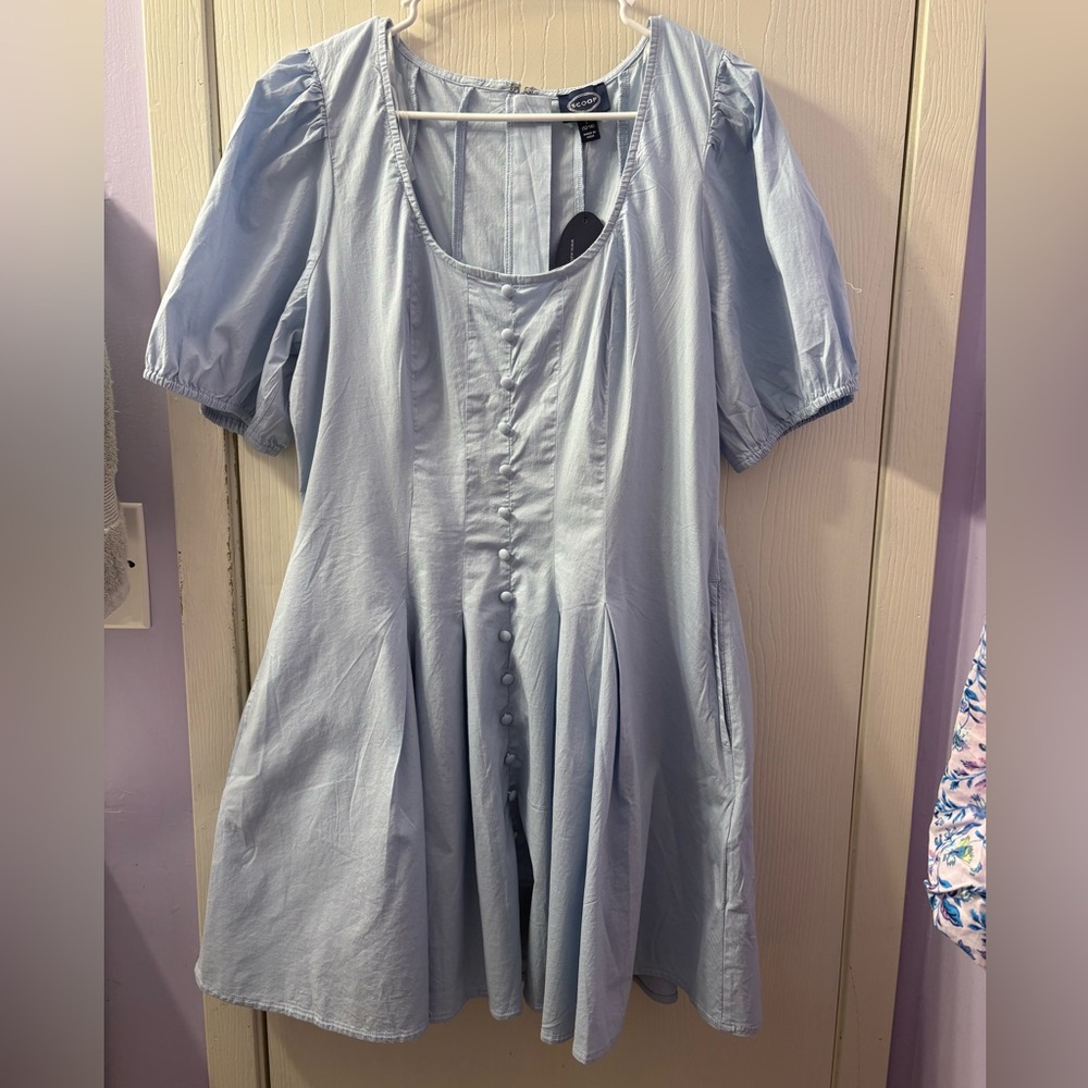 Light Blue Scoop Neck Button-Front Mini Dress